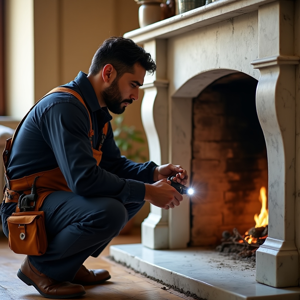 Tecnico che ispeziona un caminetto con strumenti professionali